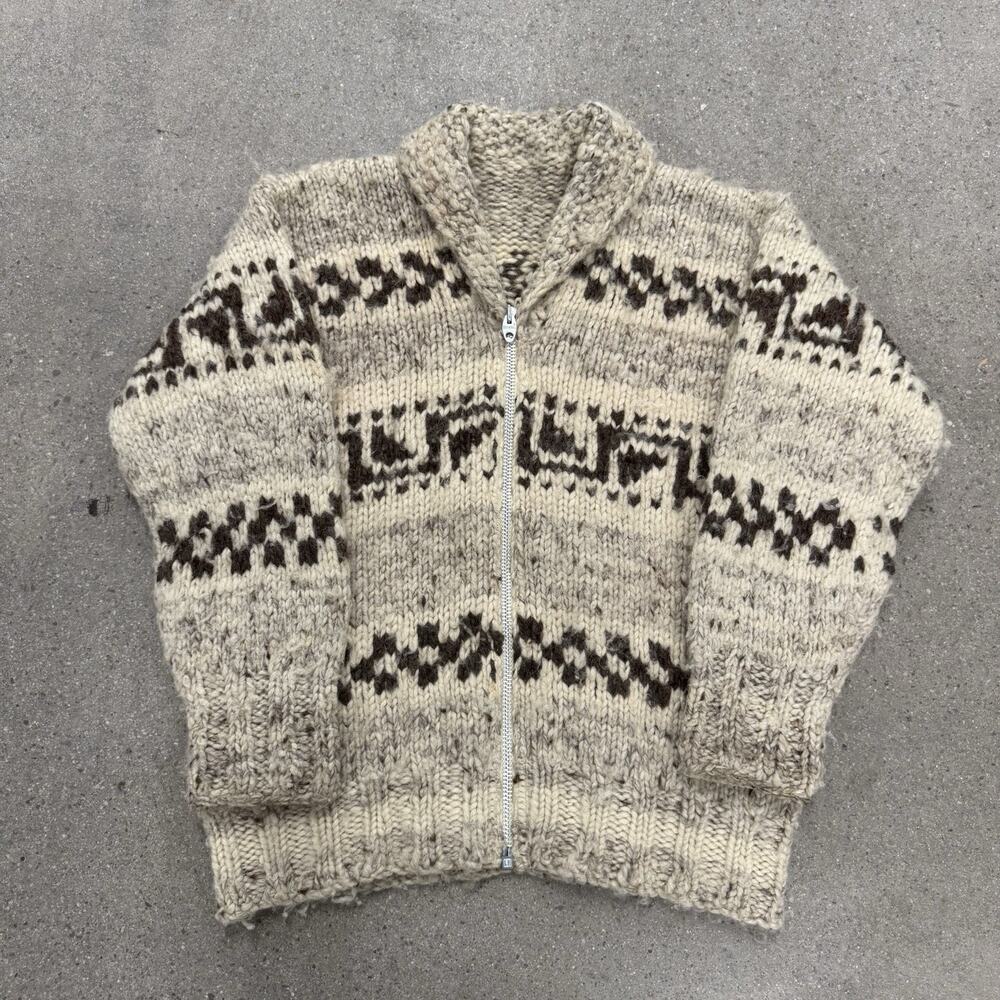 VTG 50s 60s Cowichan Wool Sweater Lightning Zipper XL